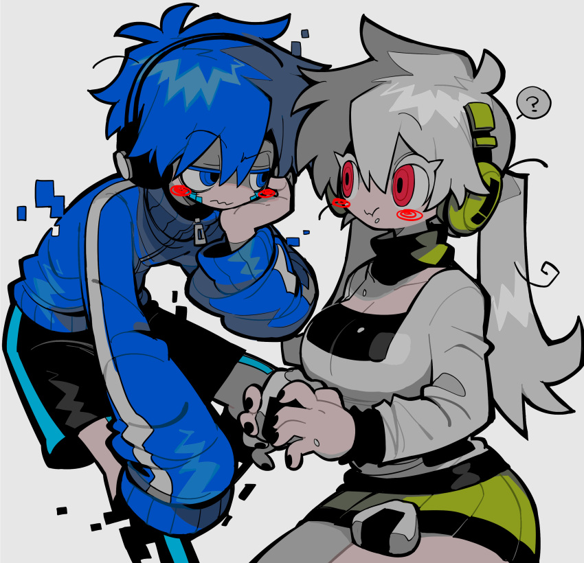 1boy 1girl absurdres black_shorts black_socks blue_eyes blue_hair blue_jacket blush_spirals breasts cleavage ene_(kagerou_project) genderswap genderswap_(ftm) genderswap_(mtf) glitch green_skirt highres jacket kagerou_project konoha_(kagerou_project) large_breasts long_hair pink_eyes shorts simple_background skirt socks sweater tonkatsu184 twintails wavy_mouth white_background white_hair white_sweater