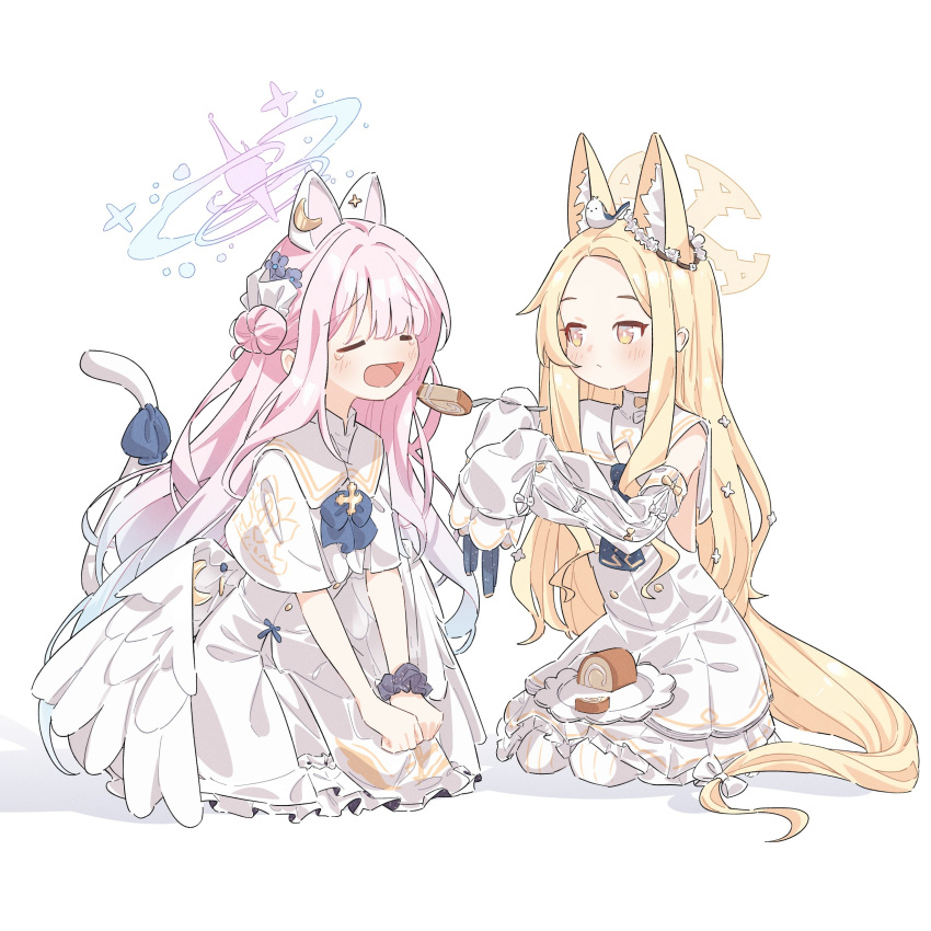 2girls :/ absurdly_long_hair absurdres angel_wings animal_ears animal_on_head ascot bird bird_on_head blonde_hair blue_archive blue_ascot blue_bow blue_bowtie blue_hair bow bowtie bright_pupils buttons cake capelet cat_ears cat_tail closed_eyes closed_mouth commentary_request detached_sleeves double-breasted dress feeding flower flower_wreath food fork fox_ears frilled_dress frills full_body gradient_hair hair_flower hair_ornament halo highres kemonomimi_mode leaning_forward long-tailed_tit long_hair looking_at_another low_wings mika_(blue_archive) multicolored_hair multiple_girls on_head open_mouth pink_hair rizuaki sailor_collar scrunchie seia_(blue_archive) simple_background sitting sleeves_past_fingers sleeves_past_wrists smile swiss_roll tail tail_bow tail_ornament tearing_up tit_(bird) very_long_hair white_background white_capelet white_dress white_flower white_pupils white_sailor_collar white_wings wing_decorations wings wrist_scrunchie yellow_eyes