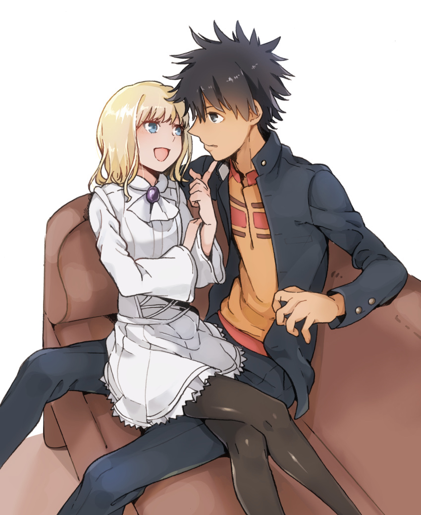 1boy 1girl :d ascot black_hair black_jacket black_pants black_pantyhose blonde_hair blue_eyes brown_shirt collared_jacket commentary_request couch crossed_legs dress eye_contact hand_on_another's_chin highres index_finger_raised jacket kamijou_touma leivinia_birdway long_sleeves looking_at_another medium_hair nanaheibei_3 on_couch pants pantyhose shirt short_dress sitting sitting_on_lap sitting_on_person smile spiked_hair toaru_majutsu_no_index white_ascot white_background white_dress