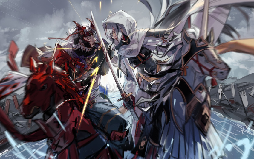 1boy 1girl banner battle cloak fake_horns fate/grand_order fate_(series) grape_(pixiv27523889) grey_eyes grey_hair highres holding holding_sword holding_weapon hood hooded_cloak horned_headwear horns horse horseback_riding katana motion_blur nagao_kagetora_(fate) riding sparks sword takeda_shingen_(fate) war_fan weapon white_hair yellow_eyes