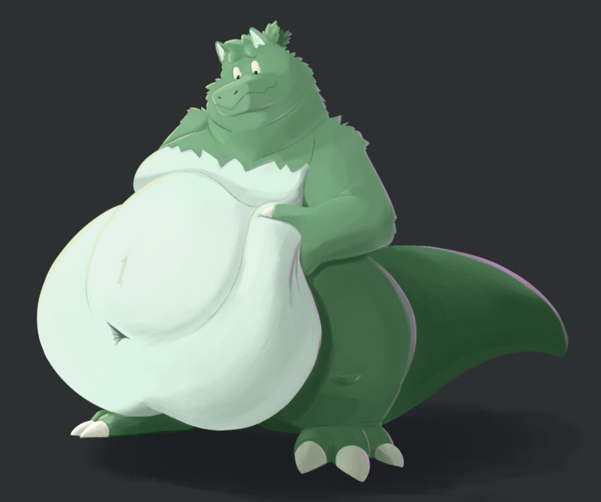 3_toes anthro belly belly_squish big_belly black_background cavios claws deep_navel dragon feet fingers green_body hand_on_own_belly holding_belly jags_(cavios) male navel obese obese_anthro obese_male overweight overweight_anthro overweight_male shadow simple_background solo squish standing tail toes white_claws