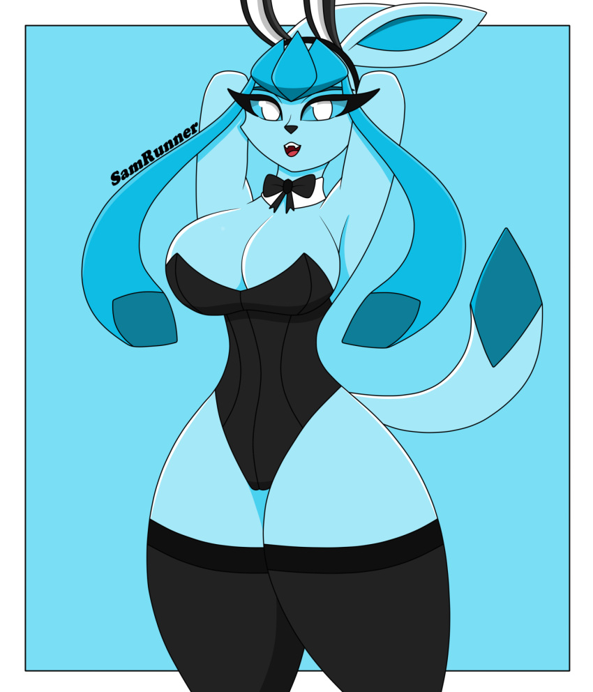 anthro big_breasts breasts bunny_costume clothing costume eeveelution female generation_4_pokemon glaceon hi_res humanoid legwear looking_at_viewer nintendo pokemon pokemon_(species) samrunner solo thick_thighs thigh_highs