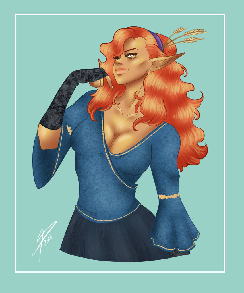 5:6 autumn blue_border border breasts cleavage clothed clothing digital_drawing_(artwork) digital_media_(artwork) dnd5e drawing dungeons_and_dragons eladrin_(dnd) elven female fingerless_gloves gloves hair handwear hasbro hi_res humanoid humanoid_pointy_ears illustration red_hair signature thepurpalynn wizards_of_the_coast yellow_eyes