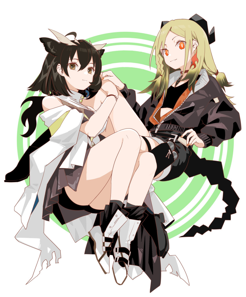 2girls absurdres ahoge arknights bare_shoulders black_jacket black_shirt black_shorts blonde_hair boots braid brown_eyes brown_hair cropped_shirt demon_girl demon_horns demon_tail dress grey_dress highres horns hugging_another's_leg ifrit_(arknights) iuri_(bungakuyomyom) jacket long_hair low_twintails multiple_girls official_alternate_costume open_clothes open_jacket orange_eyes owl_ears scarf shirt short_hair shorts silence_(arknights) silence_the_paradigmatic_(arknights) sleeveless sleeveless_dress tail thighs twintails white_footwear white_scarf