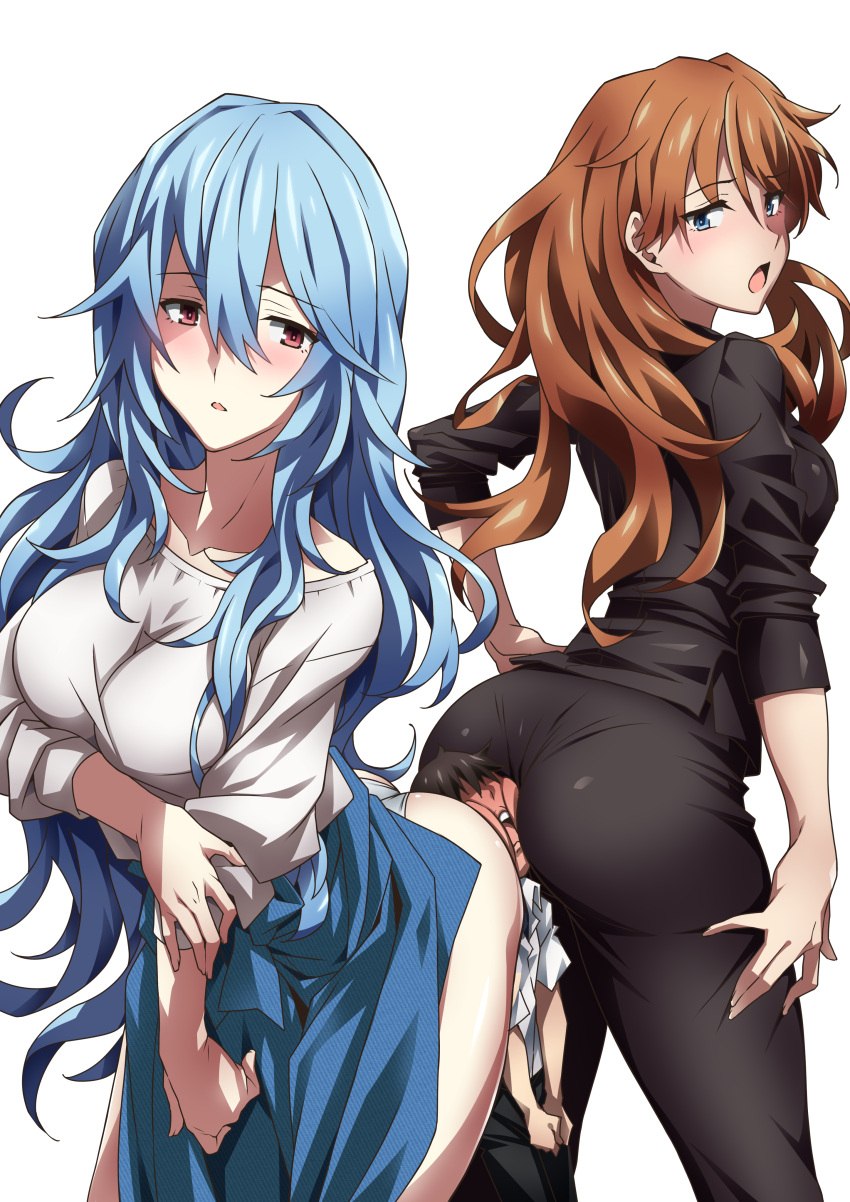 1boy 2girls absurdres age_difference ass ass-to-ass ayanami_rei between_ass black_hair black_pants black_suit blue_dress blue_hair blush breasts business_suit butt_crush closed_mouth commentary_request dress evangelion:_3.0+1.0_thrice_upon_a_time femdom giant giantess girl_on_top girl_sandwich hair_between_eyes head_between_ass hetero highres ikari_shinji large_breasts long_hair looking_back maternity_dress medium_breasts mini_person miniboy multiple_girls neon_genesis_evangelion non-web_source office_lady onee-shota open_mouth orange_hair pant_suit panties pants rebuild_of_evangelion red_eyes sandwiched school_uniform simple_background size_difference skin_tight source_request souryuu_asuka_langley suit tokyo-3_middle_school_uniform torture underwear very_long_hair white_background