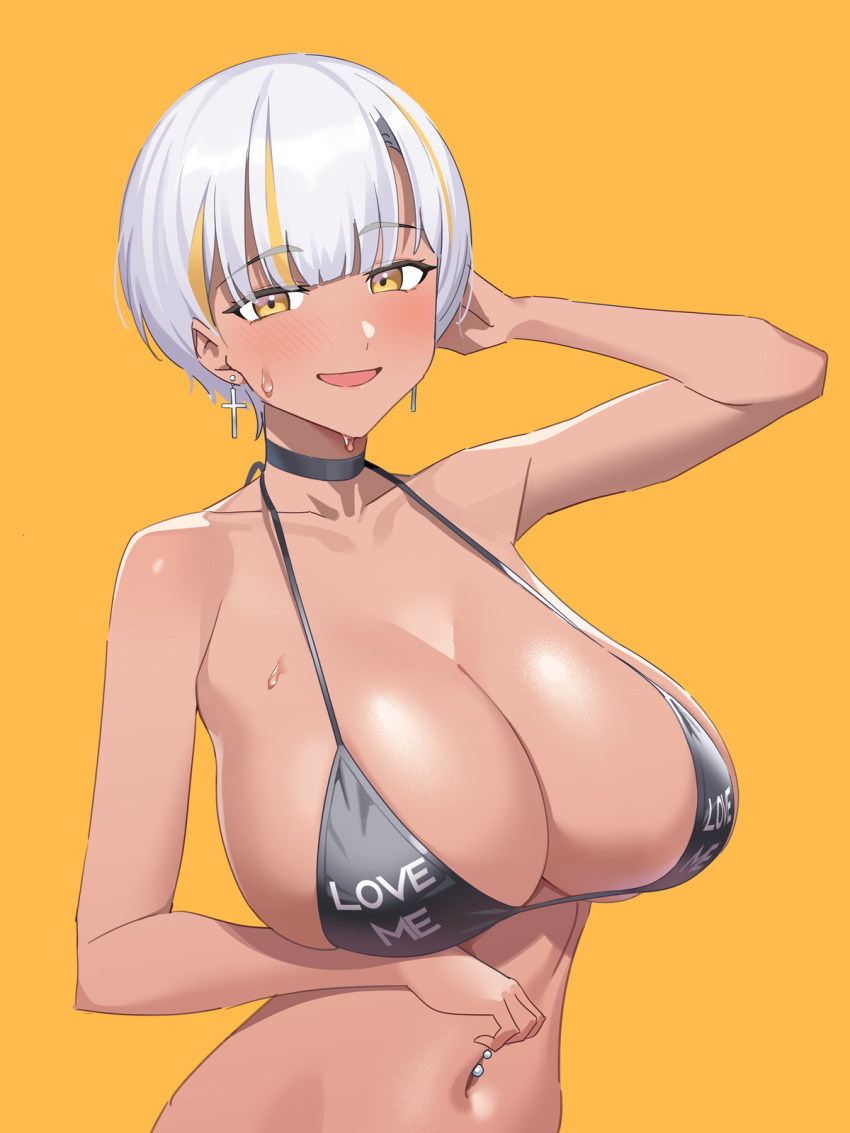 1girl arm_up bare_shoulders bikini blush breasts choker clothes_writing cross cross_earrings dark-skinned_female dark_skin earrings english_text gom_(kooskoo) highres huge_breasts indie_virtual_youtuber jewelry looking_at_viewer luvdia multicolored_hair navel navel_piercing open_mouth park_dona piercing short_hair solo streaked_hair sweat swimsuit virtual_youtuber white_hair yellow_background yellow_eyes