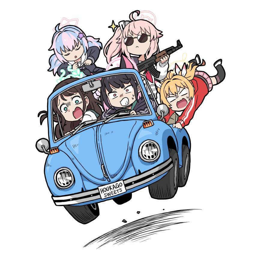 5girls after-school_sweets_club_(blue_archive) ahoge airi_(blue_archive) ak-47 animal_ears assault_rifle black_hair black_jacket black_neckerchief black_thighhighs blonde_hair blue_archive blue_hair buttons car cat_ears clenched_teeth closed_eyes closed_mouth colored_inner_hair convertible driving green_eyes green_halo gun hair_ornament halo highres holding holding_gun holding_weapon hood hooded_jacket jacket kalashnikov_rifle kazusa_(blue_archive) long_hair motor_vehicle multicolored_hair multiple_girls natsu_(blue_archive) neckerchief open_mouth pink_eyes pink_hair pink_halo red_jacket red_neckerchief reisa_(blue_archive) rifle sailor_collar short_hair side_ponytail simple_background star_(symbol) star_hair_ornament steering_wheel sunglasses teeth thighhighs track_jacket twintails volkswagen_beetle washin weapon white_background white_sailor_collar yellow_halo yoshimi_(blue_archive)