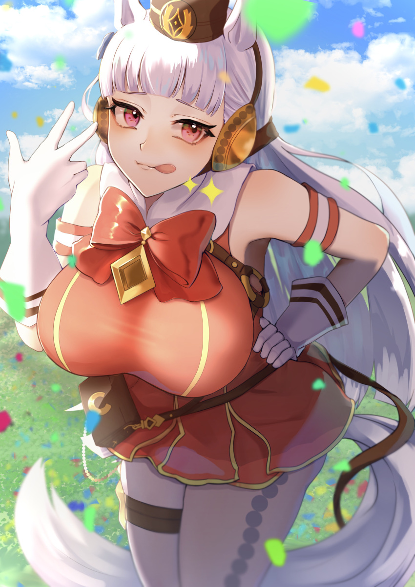 1girl absurdres animal_ears arm_garter bag blue_bow bow bowtie breasts brown_headwear cloud confetti cowboy_shot dress ear_covers gloves gold_ship_(umamusume) grey_hair hair_bow hand_on_own_hip handbag highres horse_ears horse_girl horse_tail large_breasts nepodayo o-ring_harness pantyhose pillbox_hat pink_eyes red_bow red_bowtie red_dress sky sleeveless sleeveless_dress solo sparkle tail thigh_strap tongue umamusume white_gloves