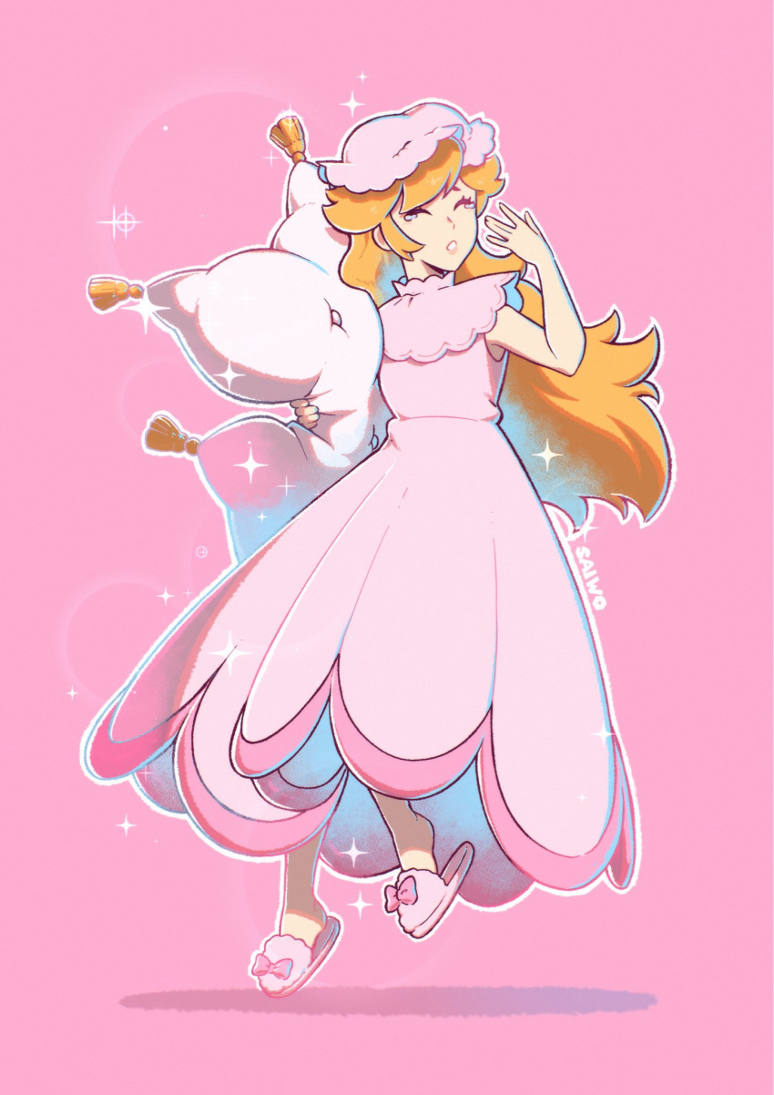 1girl alternate_costume artist_name blonde_hair closed_eyes dress full_body hat highres long_hair mario_(series) object_hug open_mouth pajamas pillow pillow_hug pink_background pink_dress pink_headwear pink_pajamas princess_peach saiwo_(saiwoproject) simple_background sleepwear sleepy slippers solo sparkle tearing_up tears yawning