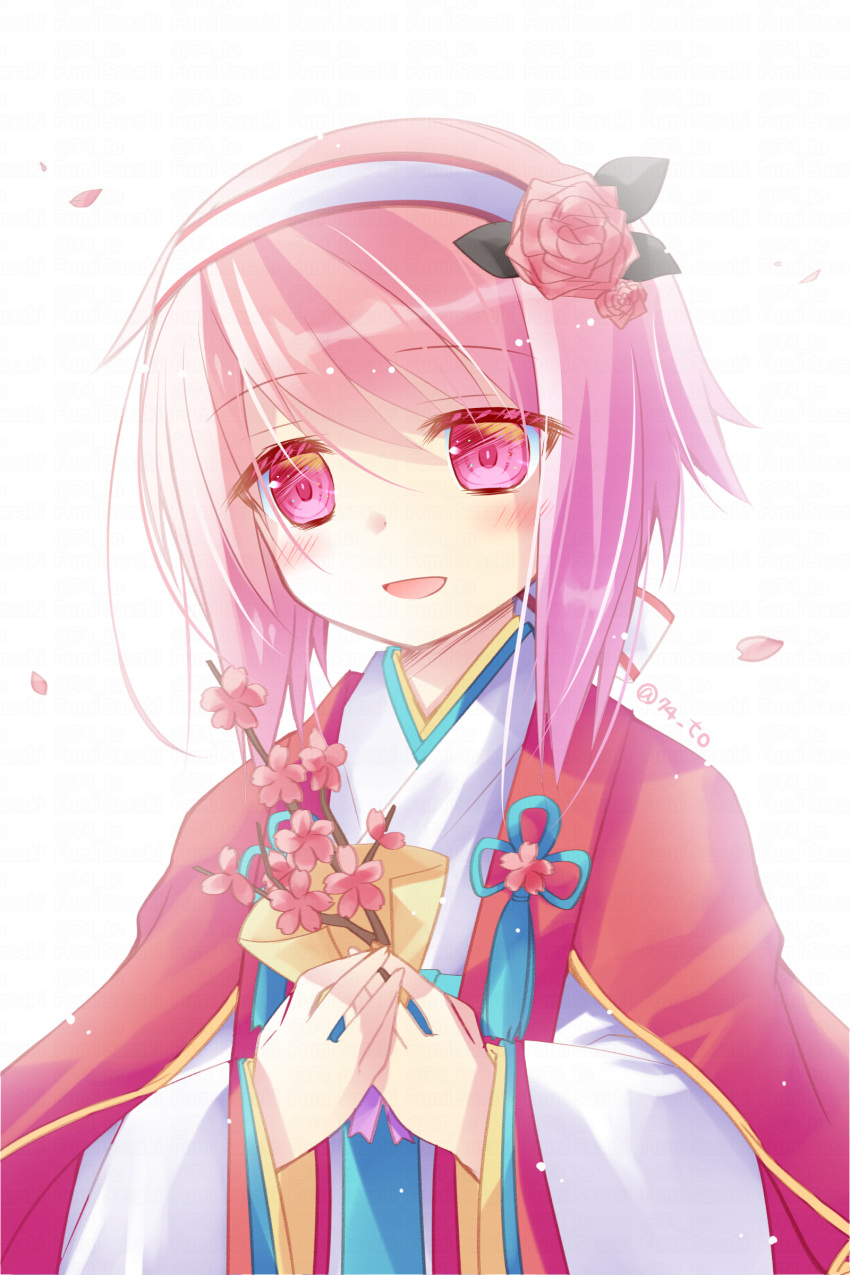 1girl :d absurdres branch character_request check_character cherry_blossoms fire_emblem fire_emblem_engage flower hair_flower hair_ornament hairband highres holding holding_branch japanese_clothes kimono lapis_(fire_emblem) long_sleeves petals pink_eyes pink_flower pink_hair pink_rose rose sasaki_fumi simple_background sleeves_past_wrists smile solo swept_bangs twitter_username upper_body watermark white_background white_hairband white_kimono wide_sleeves