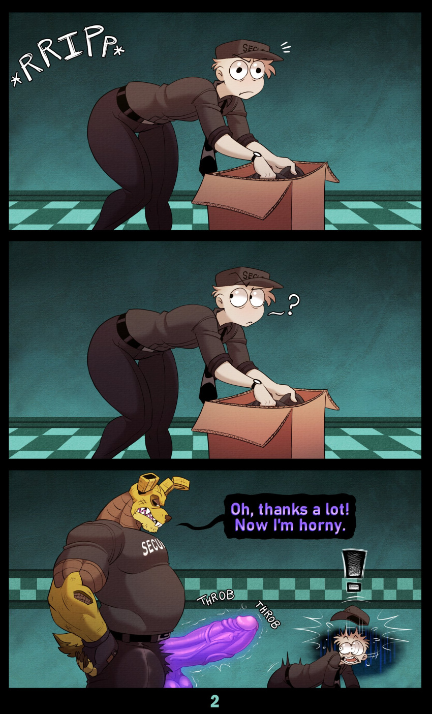 2023 absurd_res animatronic anthro balls belt bent_over big_balls big_penis box cardboard cardboard_box clothing comic container duo english_text erection exclamation_point fingerless_gloves five_nights_at_freddy's five_nights_at_freddy's_3 genitals gloves hand_on_hip handwear hi_res human inside kidde_jukes machine male mammal penis purple_penis question_mark robot scottgames security shocked shocked_expression shocked_face size_difference small_shirt sound speech_bubble springtrap_(fnaf) text throbbing_penis torn_clothing vein veiny_penis white_body