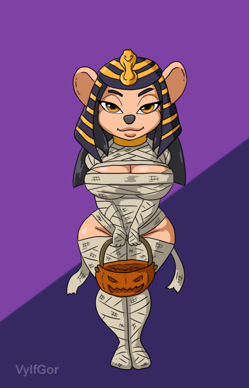 2023 anthro bandage big_breasts boots breasts chip_'n_dale_rescue_rangers clothed clothing costume dark_hair dark_nose digital_media_(artwork) disney egyptian_mythology female food footwear fruit full-length_portrait gadget_hackwrench gold_(metal) gold_jewelry hair halloween hat headgear headwear hi_res holidays jewelry long_hair looking_at_viewer looking_pleasured mammal middle_eastern_mythology mouse mummy murid murine mythology orange_eyes plant portrait pumpkin rodent solo undead vylfgor