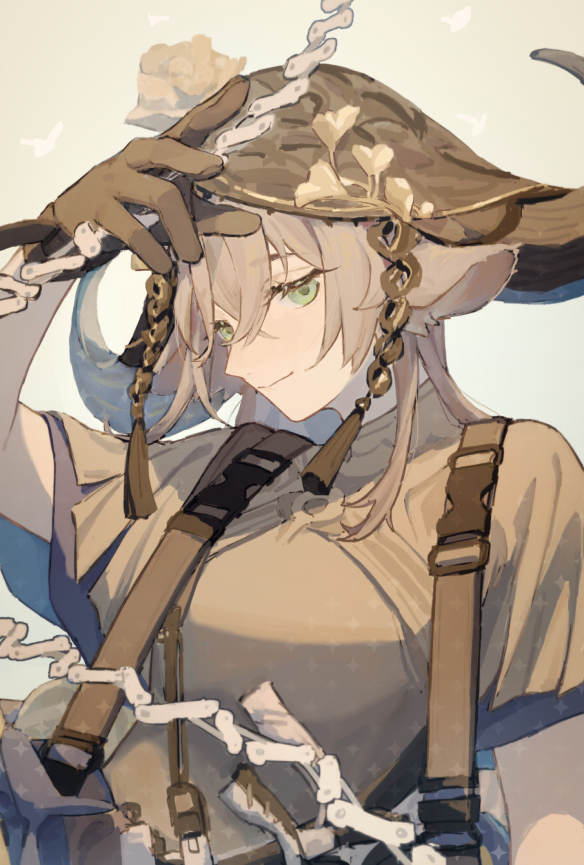 1girl animal_ears arknights bangs brown_gloves brown_headwear brown_shirt closed_mouth commentary_request cow_ears cow_girl cow_horns crossed_bangs gloves green_eyes hand_up highres holding horns layered_shirt long_hair looking_at_viewer pallas_(a_drip_of_orea_and_potamous)_(arknights) pallas_(arknights) shirt short_sleeves smile solo suspenders tassel upper_body wu_yang