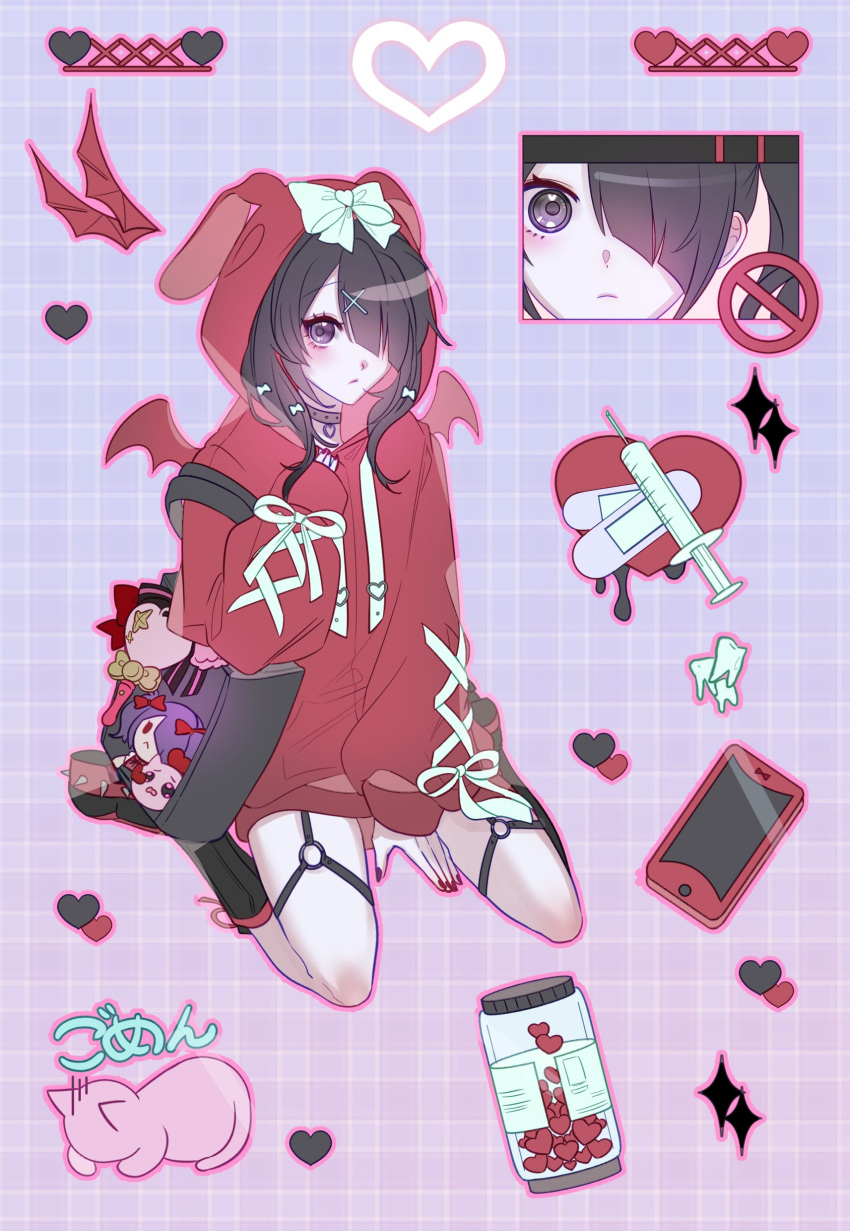 1girl absurdres ame-chan_(needy_girl_overdose) animal_hood bag bandaid between_legs black_bag black_hair bow cat cellphone character_doll commentary demon_wings full_body hair_down hair_ornament hair_over_one_eye hand_between_legs hand_up haneul_(csky) heart highres hood hood_up hoodie long_sleeves looking_at_viewer multiple_views needy_girl_overdose o-ring o-ring_thigh_strap official_alternate_costume phone pill pill_bottle purple_eyes rabbit_hood red_hoodie red_nails shoulder_bag sitting smartphone sparkle syringe thigh_strap wand wariza white_bow window_(computing) wings x_hair_ornament yami_kawaii