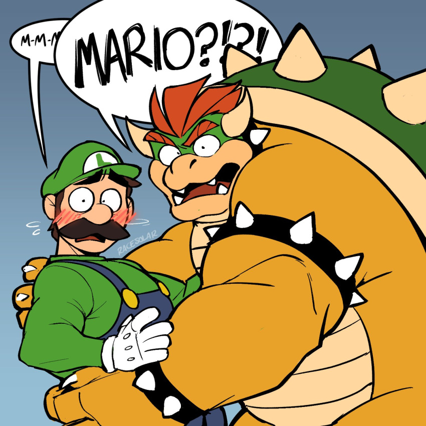 2boys bara blush bowser brown_hair english_text facial_hair feet_out_of_frame furry furry_male furry_with_non-furry hand_on_another's_waist highres interspecies luigi male_focus mario_(series) multiple_boys muscular muscular_male mustache racesolar short_hair size_difference speech_bubble surprised thick_eyebrows wide-eyed yaoi