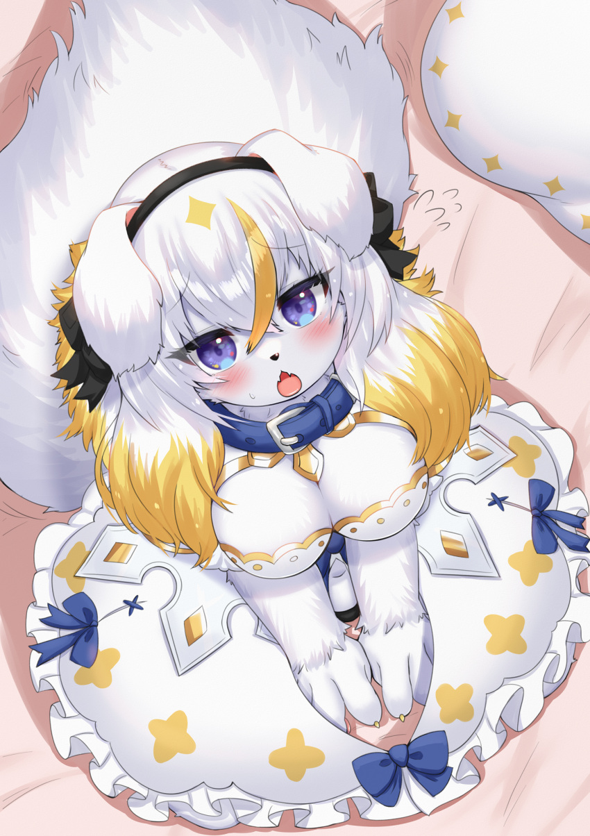 2023 anthro blonde_hair blush breasts canid canine canis clothed clothing digital_media_(artwork) domestic_dog female female_anthro fingers floppy_ears fur hair hi_res horokusa0519 kemono looking_at_viewer mammal monster_musume_td solo white_body white_fur white_hair
