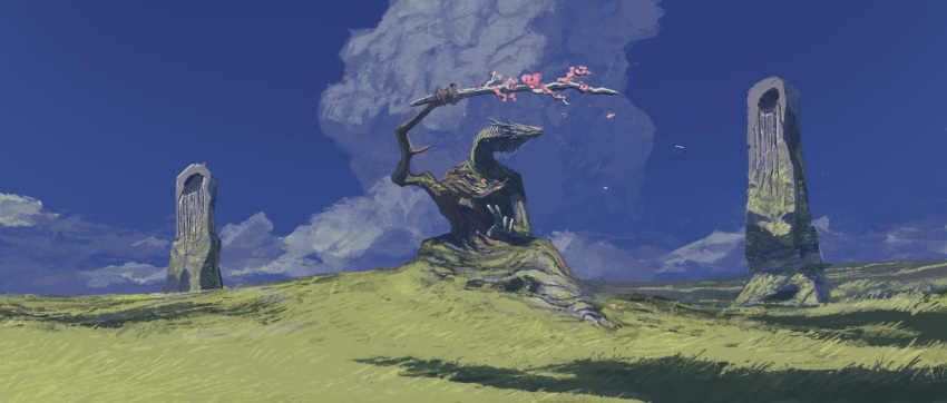 blue_sky branch cherry_blossoms cloud day dragon falling_petals fantasy grass highres monster no_humans original outdoors petals scenery sky taiyakiki-5687 tree western_dragon