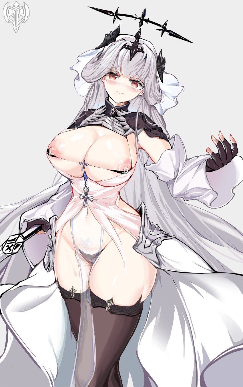 1girl absurdres azur_lane black_bra black_gloves black_thighhighs black_tiara blush bra breasts closed_mouth dress fingerless_gloves gloves grey_background grey_hair highres holding holding_sword holding_weapon lactation large_breasts long_hair looking_at_viewer marseillaise_(azur_lane) navel nipples oshiokitime pelvic_curtain red_eyes revealing_clothes simple_background solo sword thighhighs underwear vichya_dominion_(emblem) weapon white_dress white_hair wide_hips