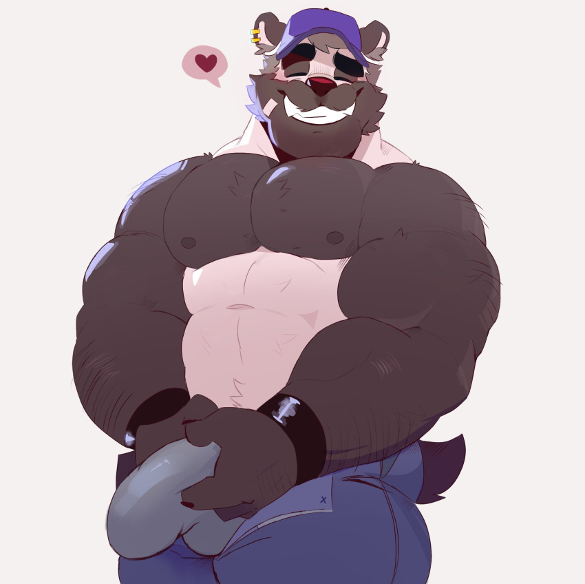 &lt;3 2023 abs anthro barazoku baseball_cap bear beard biceps big_muscles black_and_white_fur blush bottomwear bulge clothed clothing detailed_bulge erection erection_under_clothing facial_hair genital_outline giant_panda grey_hair hair hat headgear headwear hi_res holding_crotch male mammal mature_male mrpandhew muscular muscular_male open_bottomwear open_clothing open_pants pandhew pants pecs penis_outline pinup portrait pose simple_background smile solo tenting three-quarter_portrait topless white_background