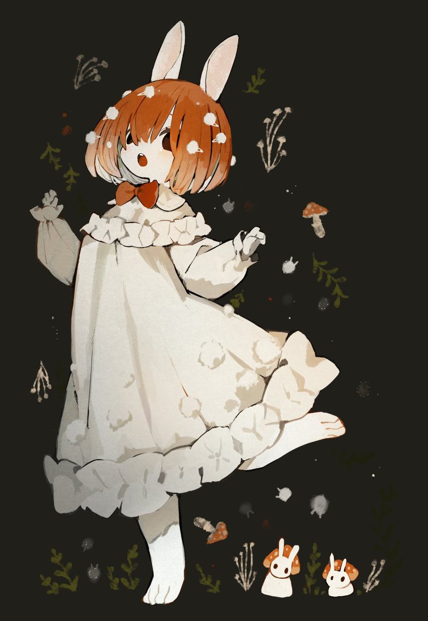1girl absurdres animal-themed_food animal_ears black_background black_eyes bow commentary_request cotton_ball dress fly_agaric frilled_dress frills hair_between_eyes hands_up highres leg_up long_sleeves medium_hair mushroom open_mouth original personification plant rabbit rabbit_ears rabbit_girl red_bow red_hair sakutake_(ue3sayu) solo white_dress
