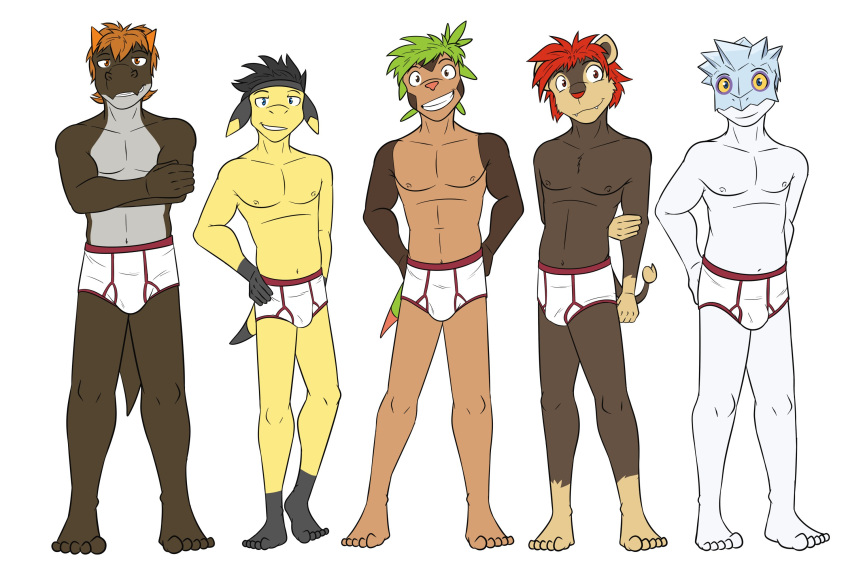 anthro anthrofied bergmite briefs briefs_only bulge chespin clothed clothing colored_seam_underwear crossed_arms fossil_pokemon fuze generation_6_pokemon group helioptile hi_res litleo male navel nintendo nipples pokemon pokemon_(species) pokemorph red_seam_briefs red_seam_underwear topless tyrunt underwear underwear_only white_briefs white_clothing white_underwear