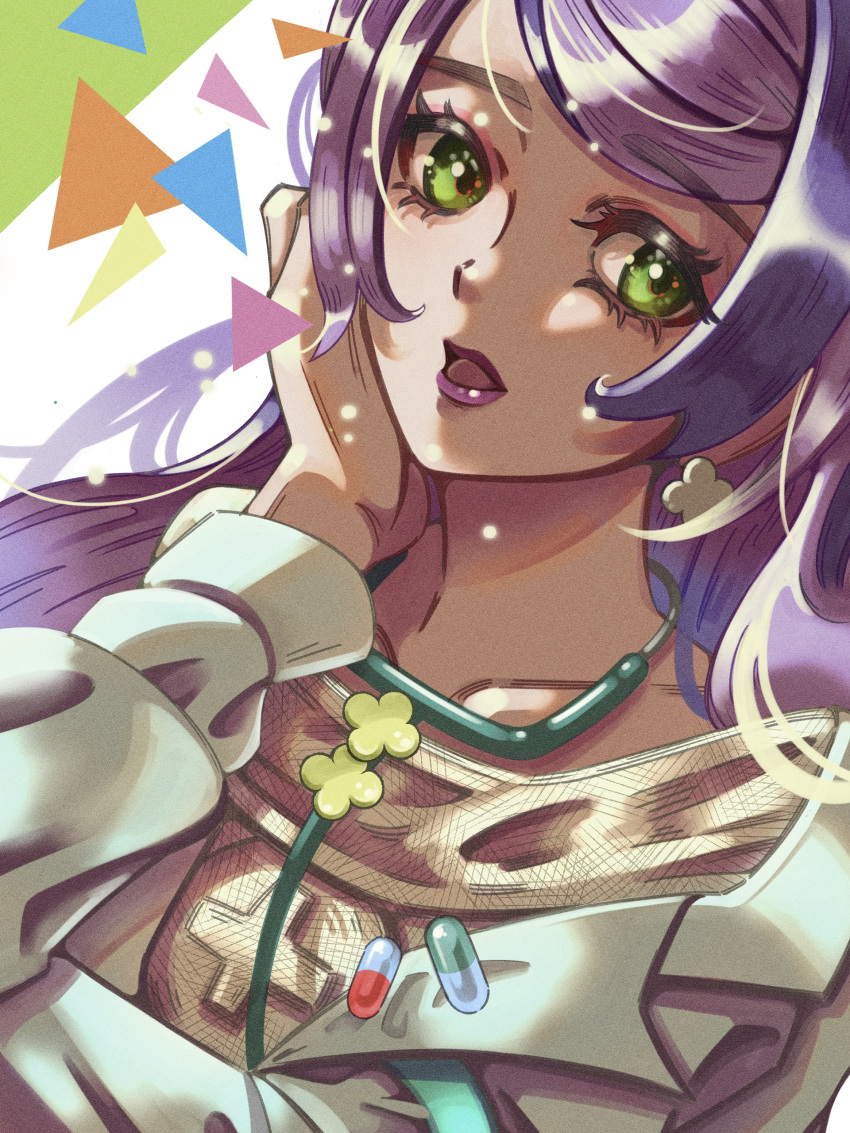 1girl absurdres collarbone daama_(nep7mvvqcbbxyrn) earrings flower_earrings green_eyes hand_on_own_cheek hand_on_own_face head_rest highres jewelry lab_coat long_hair long_sleeves miriam_(pokemon) off-shoulder_sweater off_shoulder pokemon pokemon_sv purple_hair school_nurse solo stethoscope sweater swept_bangs yellow_sweater