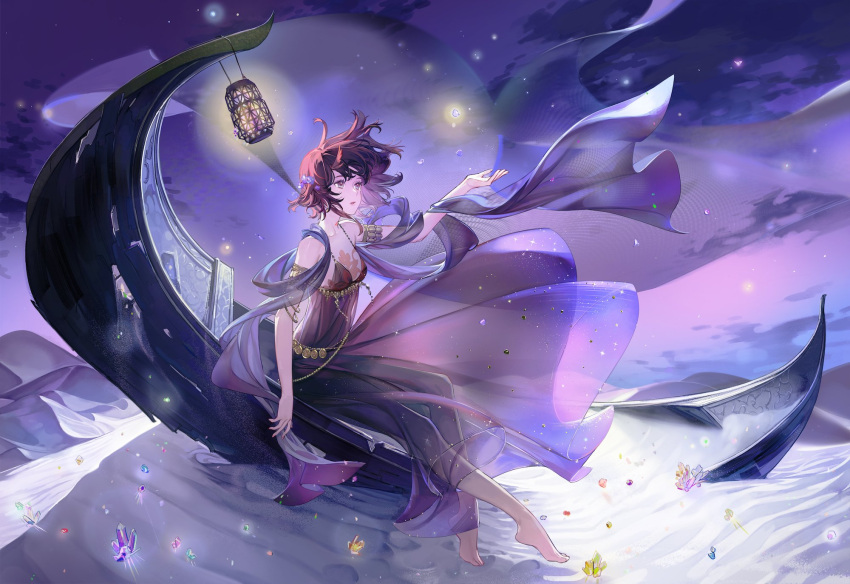 1girl arabian_clothes bare_shoulders barefoot blue_gemstone boat breasts brown_eyes brown_hair chest_tattoo cleavage cloud crystal desert dress feet floating_hair flower footprints gem green_gemstone hair_between_eyes hair_flower hair_ornament highres jewelry lamp legs light looking_to_the_side night night_sky noir_(ibaraki) original parted_lips purple_dress purple_gemstone red_gemstone sand sitting sky sleeveless small_breasts solo tattoo toes traditional_clothes watercraft yellow_gemstone