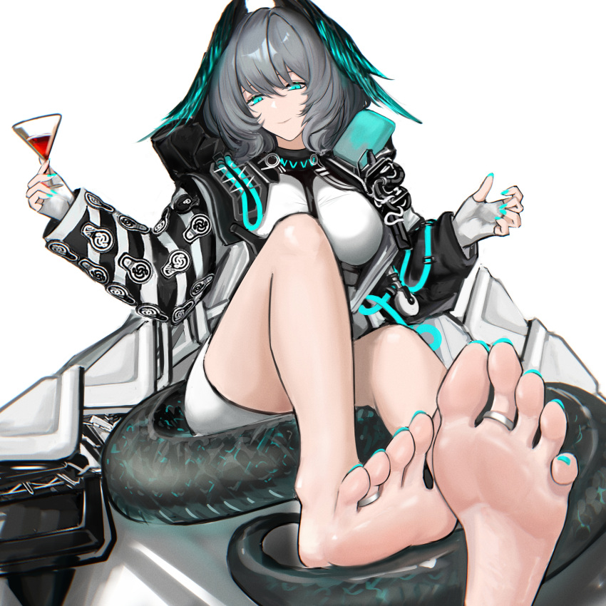1girl absurdres aqua_eyes aqua_nails arknights bare_legs barefoot black_jacket breasts closed_mouth cocktail_glass cup drinking_glass feathered_wings feet fingerless_gloves foot_focus foreshortening gloves grey_hair hair_between_eyes head_wings highres ho'olheyak_(arknights) holding jacket jewelry knee_up large_breasts legs lizard_tail looking_at_viewer nail_polish shadow simple_background sitting smile snake_tail soles solo suiryuu_(18559651) tail thighs toe_ring toenail_polish toenails toes white_background white_jacket wings