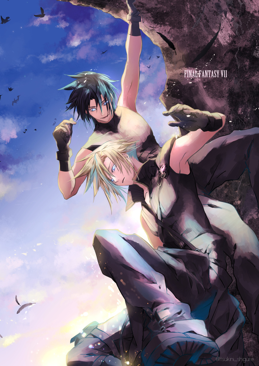 2boys armor bare_shoulders bird black_gloves black_hair black_pants black_shirt blonde_hair blue_eyes cloud_strife falling_feathers final_fantasy final_fantasy_vii final_fantasy_vii_advent_children gloves hair_between_eyes highres male_focus multiple_boys outdoors pants parted_lips popped_collar shirt short_hair shoulder_armor sleeveless sleeveless_shirt sleeveless_turtleneck smile spiked_hair tsukini_shigure turtleneck twitter_username zack_fair