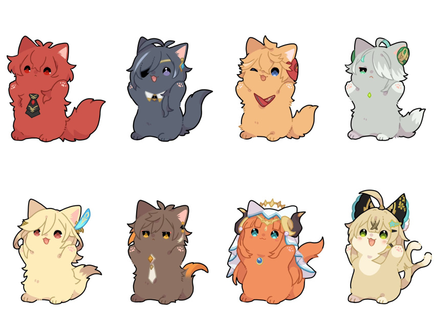 2girls 6+boys ahoge alhaitham_(genshin_impact) animal animal_ears animal_nose animalization antenna_hair aqua_eyes arms_up black_bow black_necktie blonde_hair blue_eyes blue_fur blue_gemstone blue_hair bow brown_fur brown_hair cat cat_ears cat_tail circlet closed_mouth crossed_bangs crystal detached_collar diluc_(genshin_impact) earrings eyepatch fake_horns feather_hair_ornament feathers floral_print gem genshin_impact gold_trim gradient_hair green_eyes green_gemstone grey_fur grey_hair hair_between_eyes hair_bow hair_ornament hair_over_one_eye hairpin highres hime_cut horns jewelry kaeya_(genshin_impact) kaveh_(genshin_impact) kirara_(genshin_impact) long_hair looking_to_the_side mask mask_on_head multicolored_hair multiple_boys multiple_girls multiple_tails nasuka_gee necklace necktie nilou_(genshin_impact) one_eye_closed open_mouth orange_eyes orange_fur orange_hair pearl_(gemstone) ponytail purple_eyes purple_hair red_eyes red_fur red_hair red_mask red_scarf scarf short_hair sidelocks simple_background single_earring smile standing star_(symbol) star_hair_ornament streaked_hair tail tartaglia_(genshin_impact) two-tone_hair two_tails veil white_background white_necktie white_veil wing_collar x_hair_ornament yellow_fur zhongli_(genshin_impact)