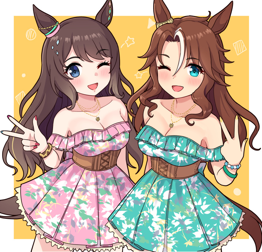 2girls alternate_costume alternate_hairstyle animal_ears black_hair blue_eyes breasts brown_hair cleavage collarbone commentary_request dress fingernails floral_print highres horse_ears horse_girl horse_tail jewelry long_hair looking_at_viewer medium_breasts mejiro_palmer_(umamusume) multiple_girls necklace off-shoulder_dress off_shoulder one_eye_closed open_mouth pleated_dress print_dress simple_background tail takiki tosen_jordan_(umamusume) umamusume