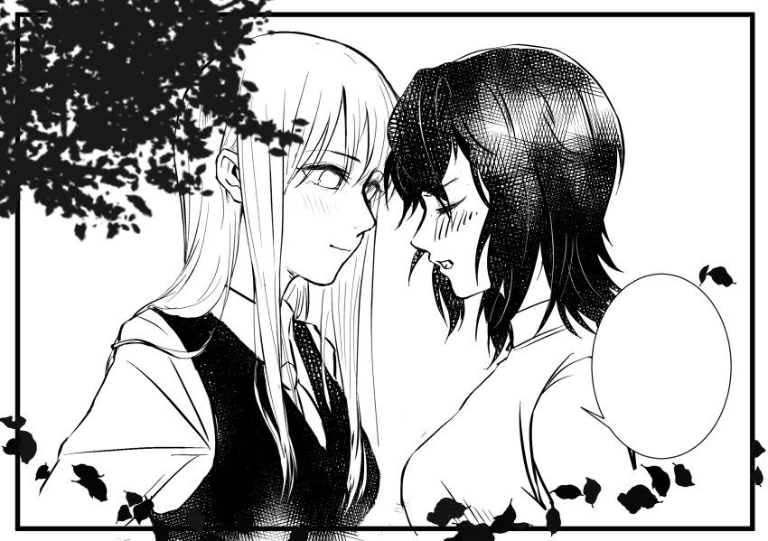 2girls asahina_yuni blush chinese_commentary closed_mouth collared_shirt commentary_request falling_petals greyscale haoxiangkan_nutong highres kyou_wa_kanojo_ga_inai_kara long_hair looking_at_another medium_hair monochrome multiple_girls necktie open_mouth petals school_uniform shirt sidelocks taki_fuuko upper_body vest wolf_cut