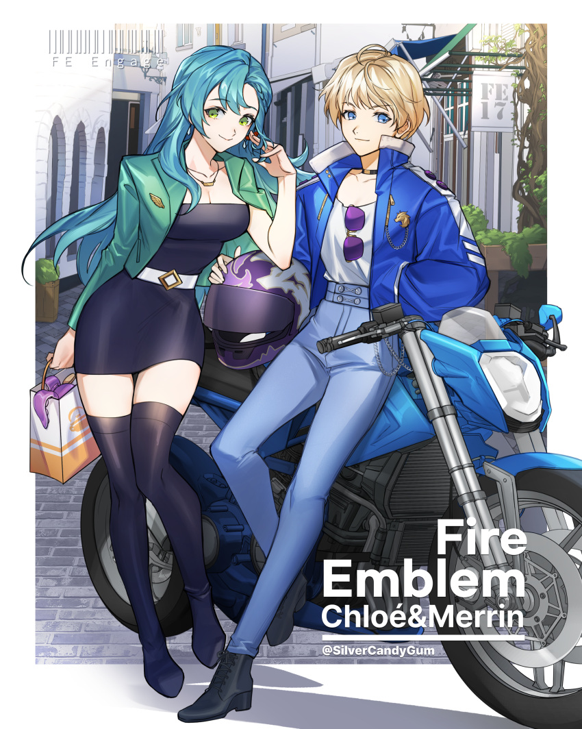 2girls absurdres ahoge alternate_costume aqua_hair bag black_choker black_dress black_footwear blonde_hair blue_eyes blue_jacket blue_pants boots breasts chloe_(fire_emblem) choker cleavage commentary contemporary dress fire_emblem gloves green_eyes green_jacket hand_up helmet high_collar highres holding holding_bag holding_helmet jacket long_hair looking_at_viewer medium_breasts merrin_(fire_emblem) motor_vehicle motorcycle motorcycle_helmet multiple_girls open_clothes open_jacket outdoors pants shirt shoes shopping_bag short_dress short_hair silvercandy_gum smile standing strapless strapless_dress thigh_boots tube_dress very_long_hair white_gloves white_shirt zettai_ryouiki