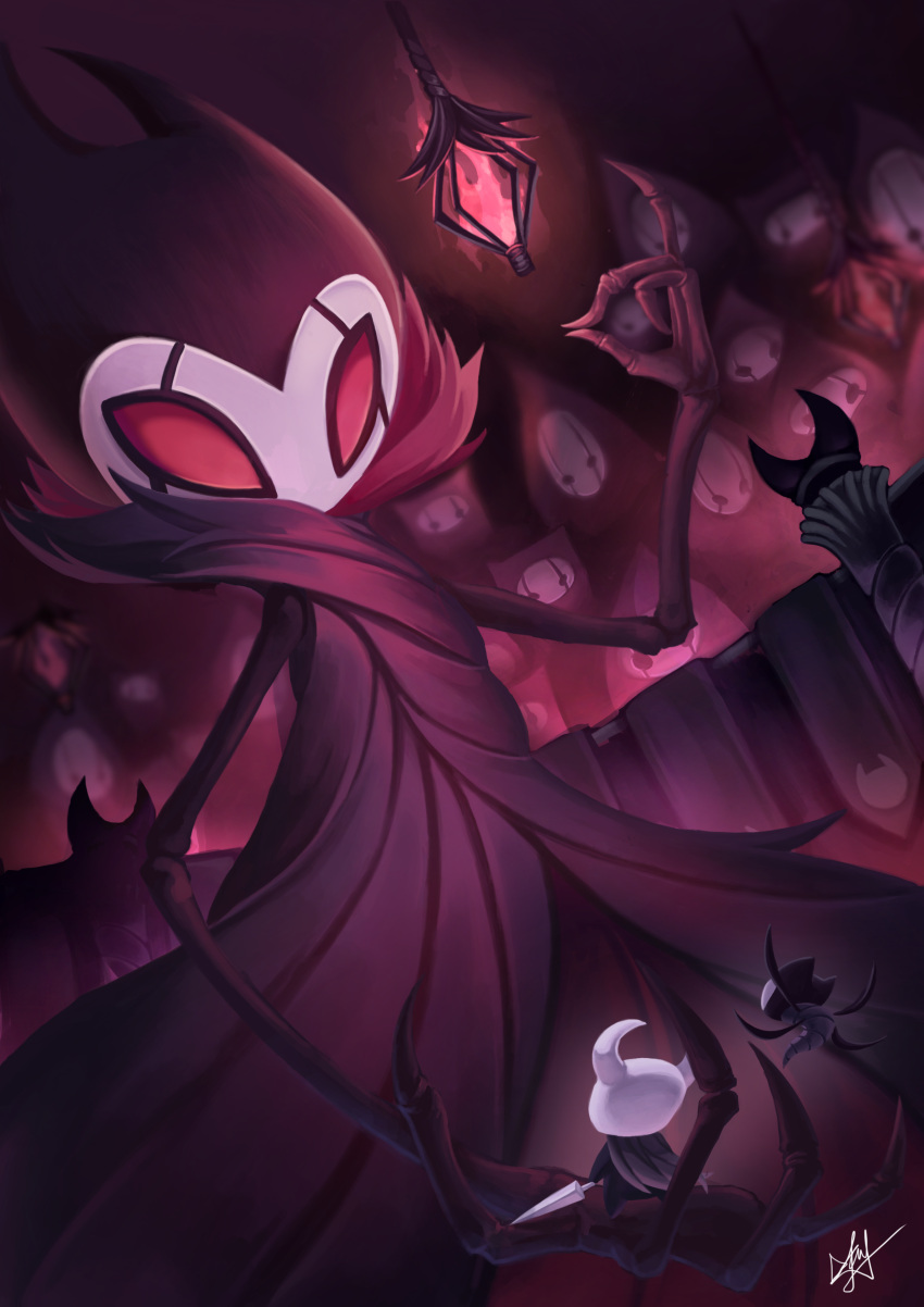 2018 absurd_res ambiguous_gender anthro arthropod audience banner black_body black_cape black_exoskeleton clothed clothing colored_fire curled_horn detailed_background dutch_angle empty_eyes exoskeleton extreme_size_difference fire flying grey_cape grimm_(hollow_knight) grimm_child grimmkin_master grimmkin_nightmare group hi_res holding_another holding_object hollow_knight horn insect inside lamp lantern large_group light lighting micro nail_(weapon) on_hand open_hand pink_eyes pink_fire pink_glow protagonist_(hollow_knight) raised_arm sayuttan segmented_body size_difference skinny snapping_fingers solo_focus standing team_cherry vessel_(species)