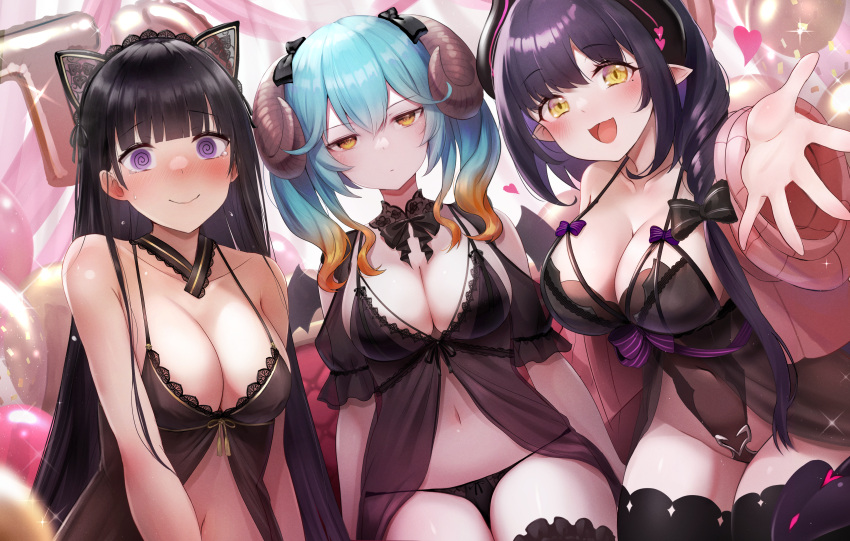 3girls @_@ absurdres animal_ears aqua_hair babydoll balloon black_babydoll black_bow black_hair black_panties black_thighhighs blunt_bangs blush bow breasts cat_ears cleavage closed_mouth collarbone commentary confetti curled_horns demon_horns edo_(oshiro_project) embarrassed fake_animal_ears gradient_hair hair_bow heart highres horns jitome kai_(ootamuno12) kuromi_(monmusu_td) lapis_(sennen_sensou_aigis) large_breasts long_hair looking_at_viewer medium_breasts mole mole_under_eye monster_musume_td multicolored_hair multiple_girls navel nose_blush open_mouth orange_eyes orange_hair oshiro_project_re panties pointy_ears purple_eyes purple_hair reaching reaching_towards_viewer sennen_sensou_aigis sitting sparkle spread_fingers sweat tears thighhighs underwear very_long_hair yellow_eyes
