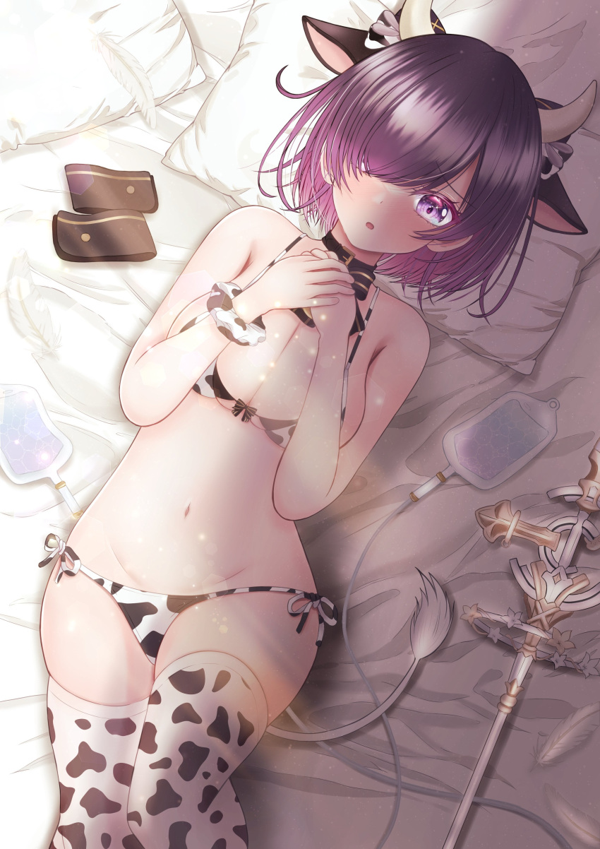 1girl absurdres animal_ears animal_print azur_lane bare_shoulders bikini black_collar blush breasts collar commission cow_ears cow_print cow_print_bikini cow_tail fake_animal_ears feathers from_above hair_ornament hair_over_one_eye hands_up highres intravenous_drip jervis_(azur_lane) large_breasts looking_at_viewer lying navel on_back on_bed parted_lips pillow purple_eyes purple_hair riraranran short_hair side-tie_bikini_bottom skeb_commission solo staff stomach swimsuit tail thighhighs