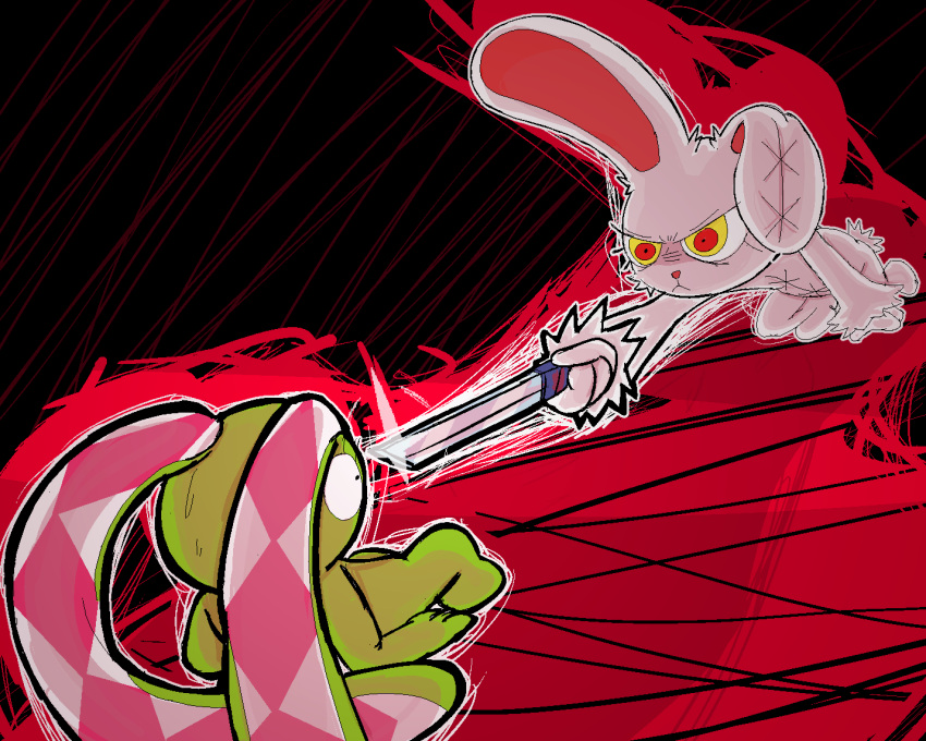 2023 2spot_studio anthro bloody_bunny bloody_bunny_(series) bodily_fluids digital_drawing_(artwork) digital_media_(artwork) duo female knife kockasfulu_nyul lagomorph leporid lizardfungus long_ears mammal melee_weapon nervous plushie rabbit red_eyes scar simple_background sweat the_rabbit_with_the_checkered_ears weapon yellow_eyes