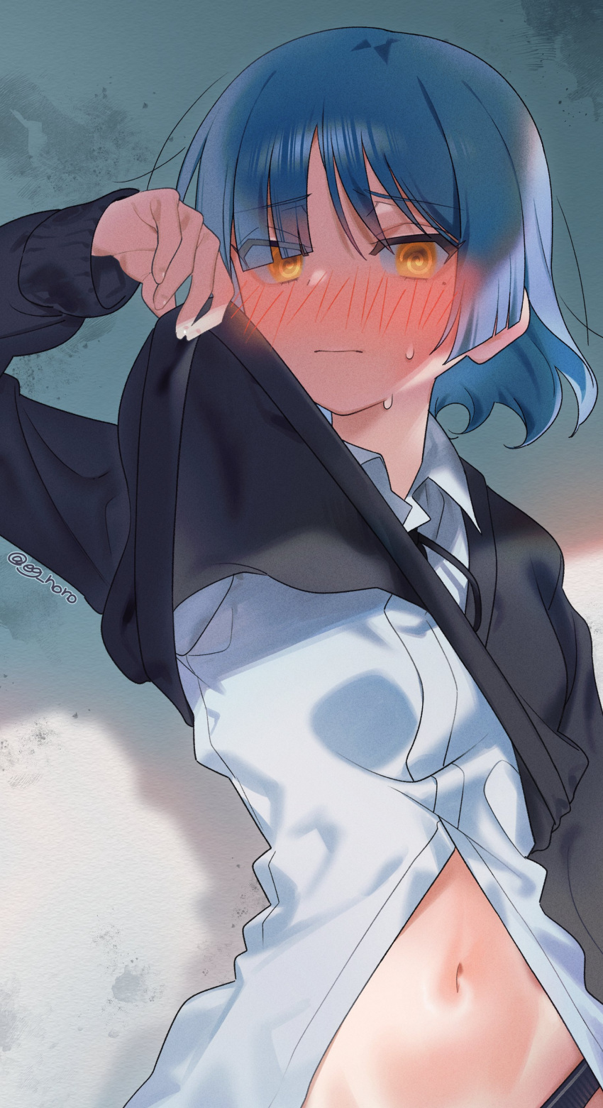 1girl @_@ absurdres artist_name asymmetrical_bangs black_cardigan blue_hair blush bocchi_the_rock! cardigan cardigan_lift collared_shirt commentary_request grey_background highres lifted_by_self long_sleeves midriff_peek navel nose_blush parted_bangs shirt short_hair simple_background sofa_(enogunomu) solo sweat twitter_username upper_body white_shirt yamada_ryo yellow_eyes