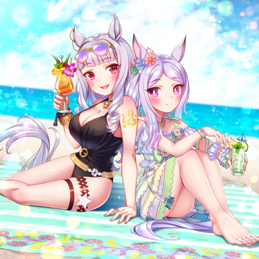 2girls :d animal_ears bare_shoulders barefoot black_one-piece_swimsuit blunt_bangs breasts casual_one-piece_swimsuit cleavage cup drinking_glass ear_flower eyewear_on_head gold_ship_(run_revolt_launcher)_(umamusume) gold_ship_(umamusume) grey_hair highres holding holding_cup horse_ears horse_girl horse_tail long_hair looking_at_viewer mejiro_mcqueen_(ripple_fairlady)_(umamusume) mejiro_mcqueen_(umamusume) multiple_girls official_alternate_costume one-piece_swimsuit purple_eyes purple_hair smile sugimotty_nova sunglasses swept_bangs swimsuit tail tracen_swimsuit umamusume