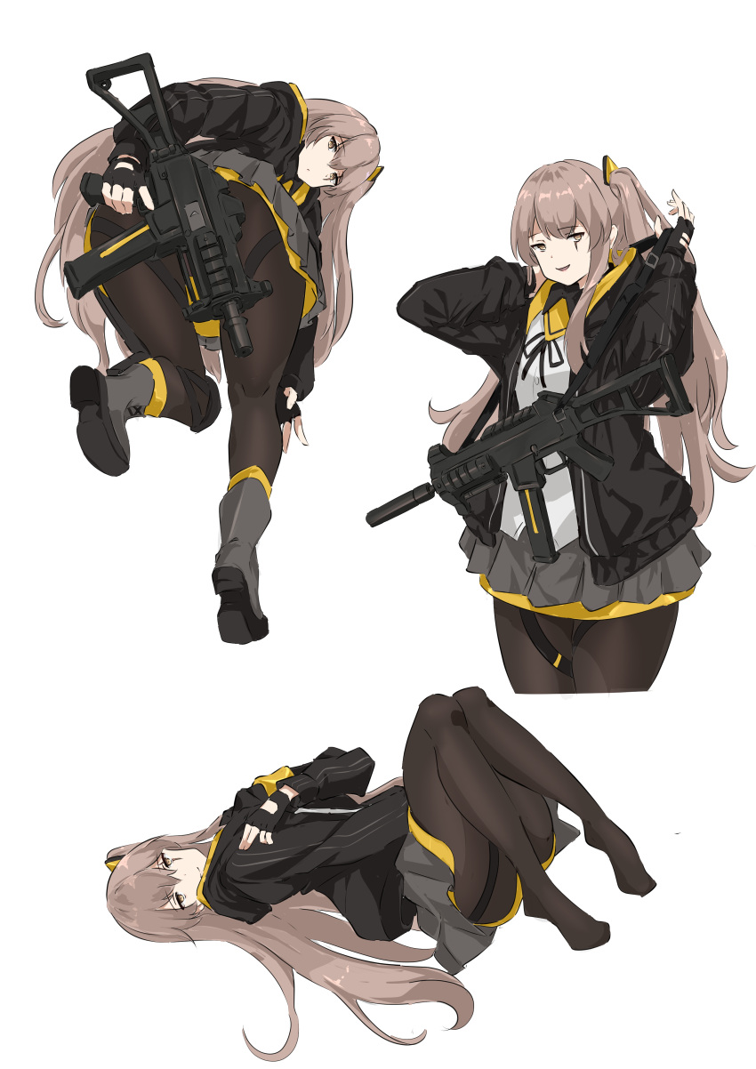 1girl absurdres arm_behind_head ass bent_over black_gloves black_jacket black_ribbon boots brown_eyes brown_hair brown_pantyhose closed_mouth commentary english_commentary fingerless_gloves from_behind full_body girls'_frontline gloves grey_footwear gun h&amp;k_ump hair_between_eyes hair_ornament highres holding holding_gun holding_weapon jacket long_hair looking_at_viewer looking_back lying multiple_views mutugorou_u neck_ribbon no_shoes on_back one_side_up pantyhose parted_lips ribbon scar scar_across_eye scar_on_face shirt shoe_soles simple_background skirt smile submachine_gun ump45_(girls'_frontline) weapon white_background white_shirt yellow_armband