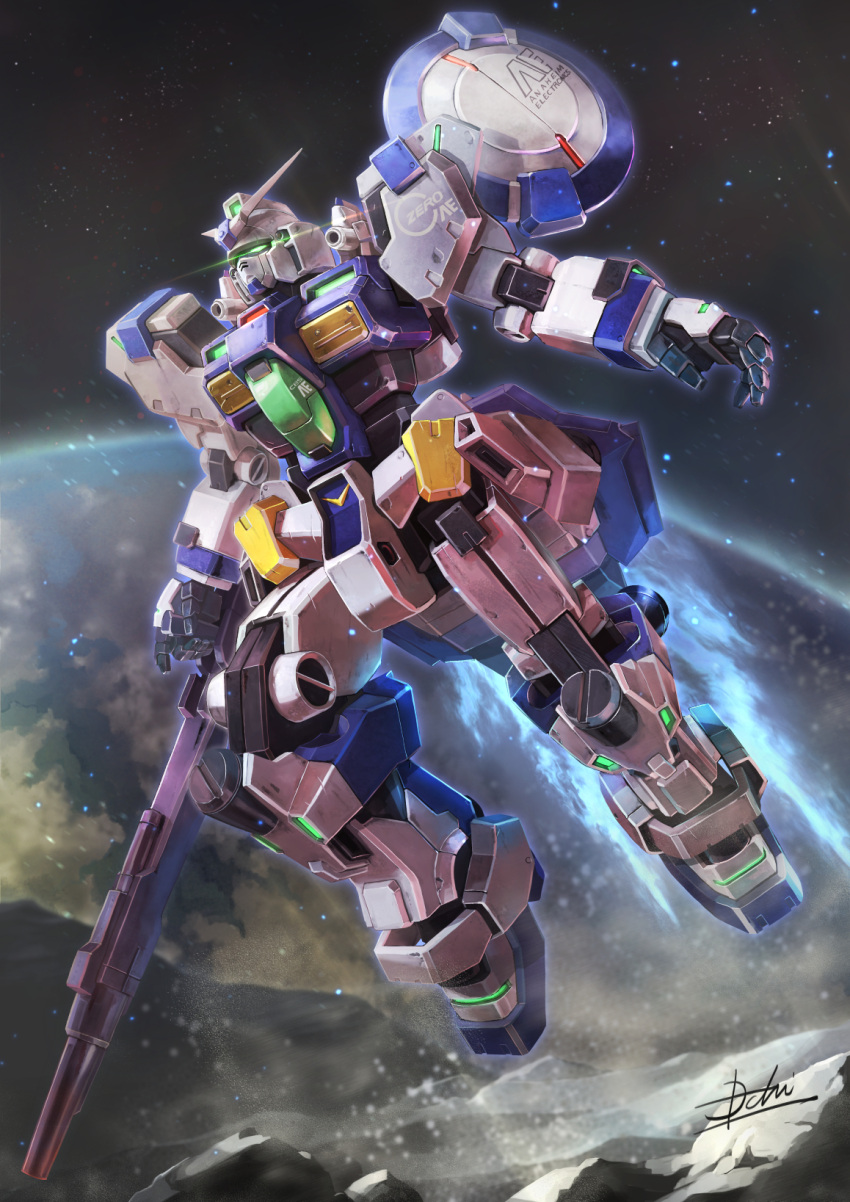 anaheim_electronics beam_rifle commentary_request earth_(planet) energy_gun exhaust flying full_body glowing glowing_eyes green_eyes gun gundam gundam_0083 gundam_gp-00_blossom gundam_msv highres holding holding_gun holding_weapon hukutuuprunes looking_ahead mecha mobile_suit no_humans open_hand planet robot science_fiction signature solo space star_(sky) thrusters v-fin weapon