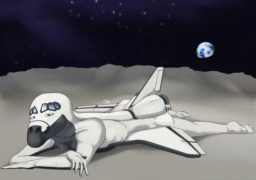 aircraft anthro breasts butt crossed_arms digital_media_(artwork) earth feet female hi_res krowbutt living_aircraft living_machine living_vehicle looking_at_viewer lying machine moon nipples not_furry nude on_front planet plantigrade small_breasts soles solo space space_shuttle spacecraft star toes vehicle