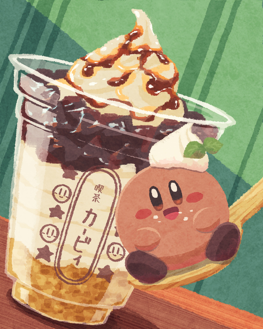 blush_stickers cup disposable_cup food food_on_face highres ice_cream kirby kirby's_dream_buffet kirby_(series) looking_at_viewer miclot smile solid_oval_eyes solo spoon sundae wooden_spoon