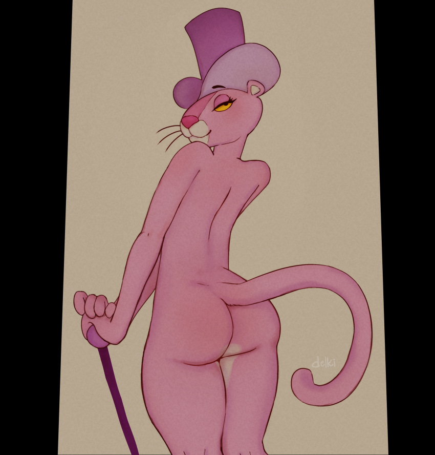 absurd_res anthro butt clothing crossgender delki felid female fur hat headgear headwear hi_res mammal nude pantherine pink_body pink_fur pink_panther rear_view solo tail whiskers yellow_eyes yellow_sclera