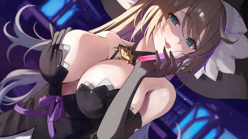 1girl absurdres aogiri_koukou aqua_eyes bare_shoulders black_dress black_gloves black_headwear breasts brown_hair cleavage commentary_request dress dutch_angle elbow_gloves gloves grabbing_own_breast hand_up hat highres holding holding_test_tube kkix25 kurikoma_komaru large_breasts long_hair looking_at_viewer multicolored_hair purple_hair solo strapless strapless_dress streaked_hair test_tube tongue tongue_out two-tone_hair virtual_youtuber witch_hat
