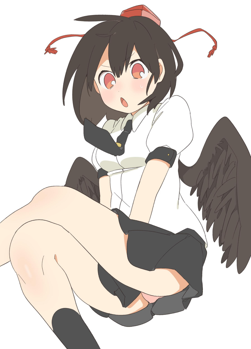 1girl absurdres bird_wings black_hair black_necktie black_skirt black_wings blush citrus_(place) commentary_request crossed_legs floating_neckwear hat highres looking_at_viewer necktie open_mouth panties pantyshot pink_panties red_eyes red_headwear shameimaru_aya short_hair short_sleeves simple_background skirt skirt_tug solo sweatdrop tengu tokin_hat touhou underwear upskirt white_background wings