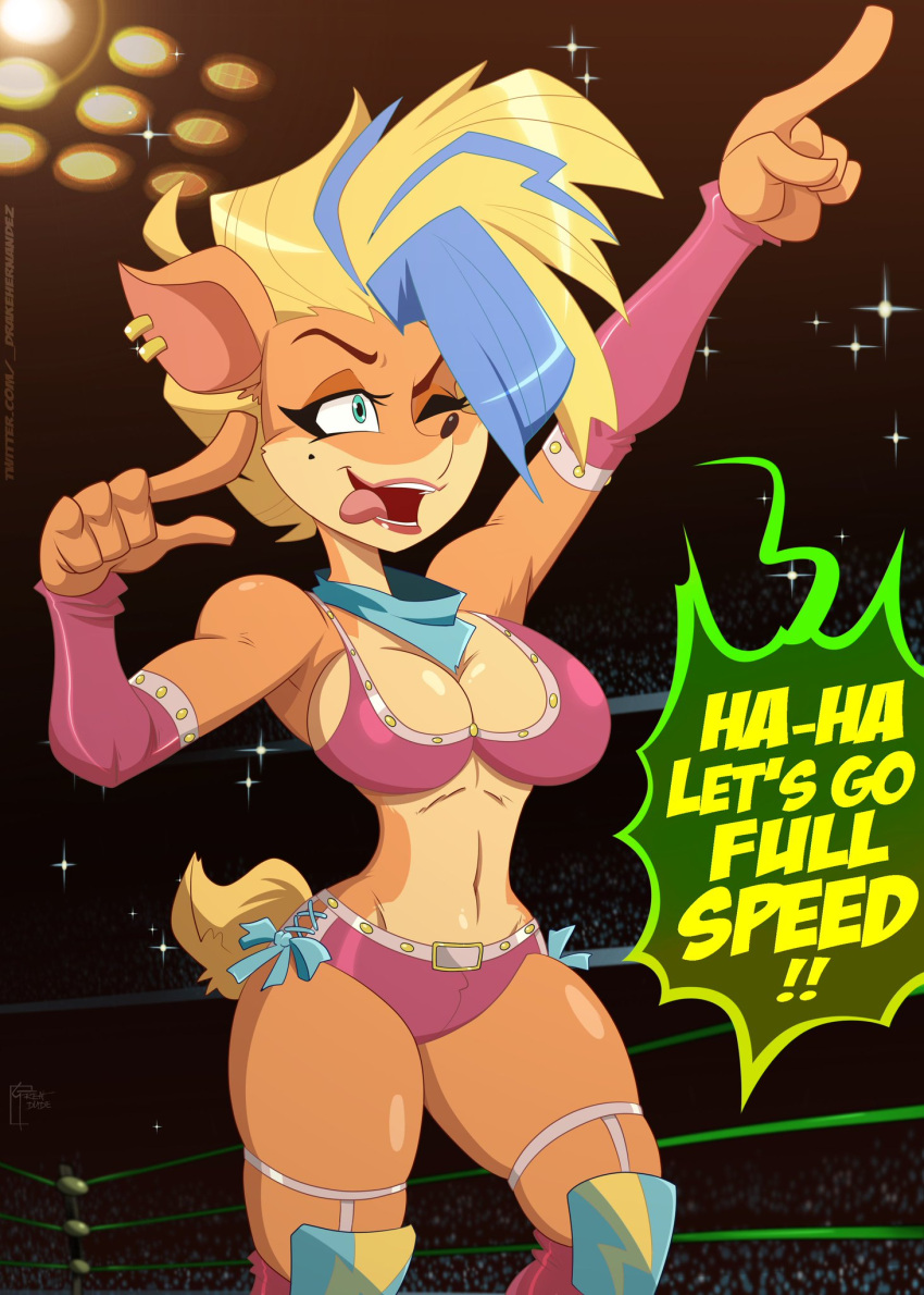 activision anthro bandicoot big_breasts breasts cleavage clothed clothing crash_bandicoot_(series) crash_team_rumble drakehernandez female fur hi_res mammal marsupial navel one_eye_closed pirate_tawna smile solo text thick_thighs wink