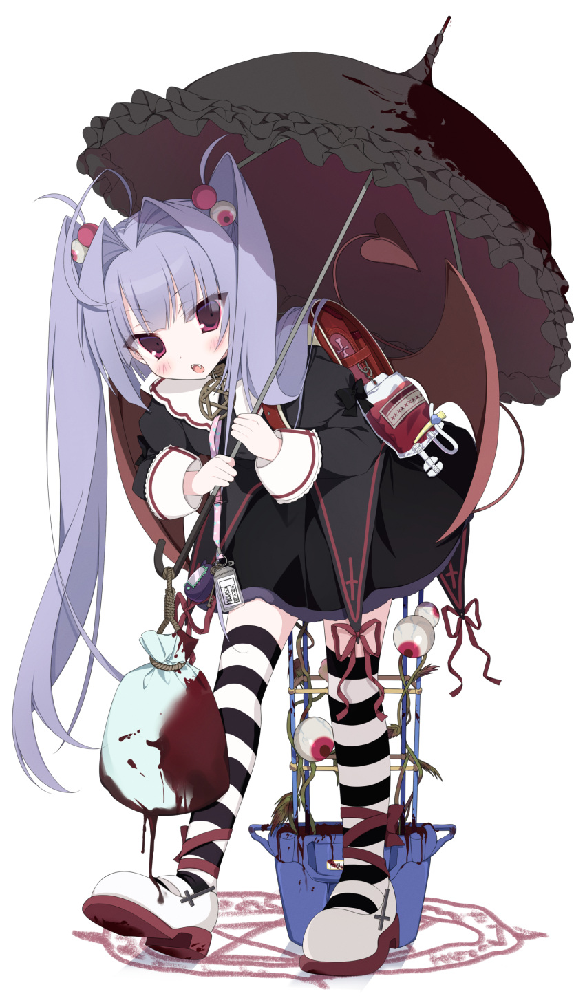 1girl absurdres antenna_hair backpack bag black_dress black_umbrella blood blush demon_tail demon_wings dress eye_hair_ornament fang frilled_cuffs full_body hair_intakes highres inuofuton long_hair long_sleeves looking_at_viewer open_mouth original parasol pentagram pink_eyes purple_hair randoseru red_bag red_tail red_wings simple_background sleeve_cuffs solo striped striped_thighhighs tail thighhighs umbrella white_background white_footwear wings