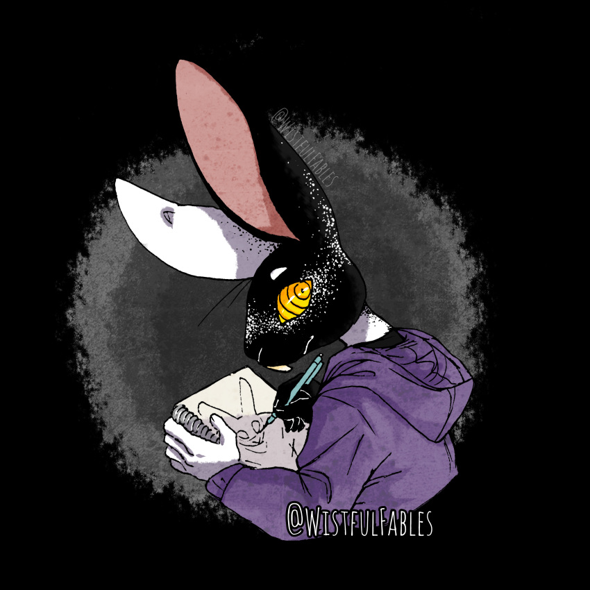 absurd_res anthro artist_logo black_and_white_fur chai chai_wistfulfables clothing domestic_rabbit female harlequin_rabbit hi_res hoodie lagomorph leporid logo mammal oryctolagus purple_clothing purple_hoodie purple_topwear rabbit solo topwear wistfulfables yellow_eyes