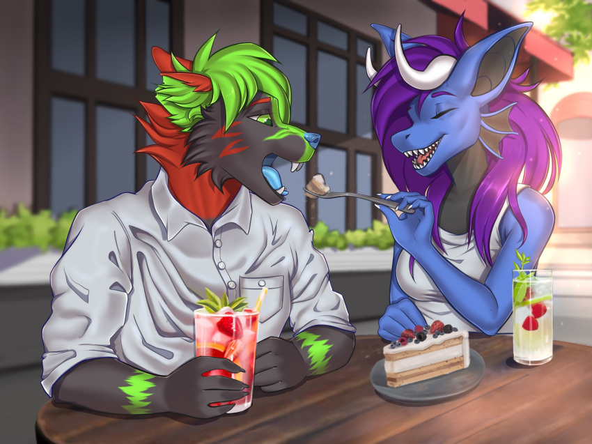 2023 akeero anthro beverage blue_body blue_nose blue_scales blue_tongue building cake canid canine cheek_fins clothing container cup dessert digital_media_(artwork) dragon dress_shirt drinking_glass duo eyebrows feeding female food fruit furniture glass glass_container glass_cup green_eyes hair hi_res horn male male/female mammal notched_ear novery open_mouth outside pink_tongue plant purple_eyebrows purple_hair robin_(akeero) romantic romantic_couple scales shaded shirt strawberry table teeth tongue topwear window